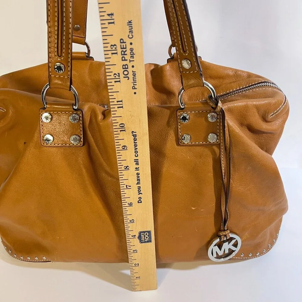 Michael Kors Tan Studded Leather Tote Bag With MK Charm & Zip Closure